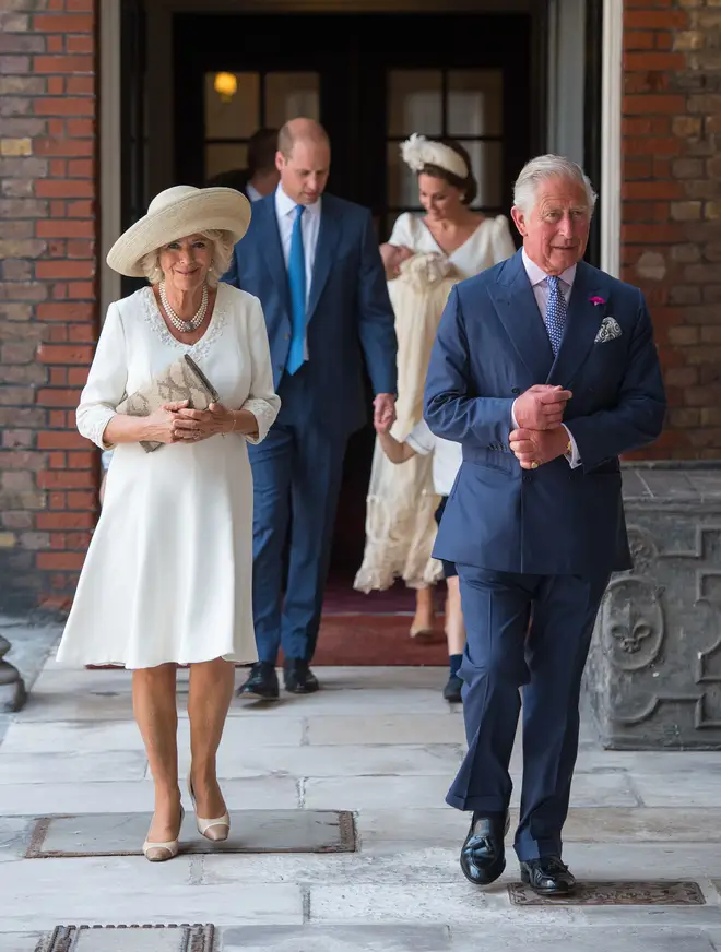 Prince Charles and the Duchess of Cornwall at the christening of Prince Louis