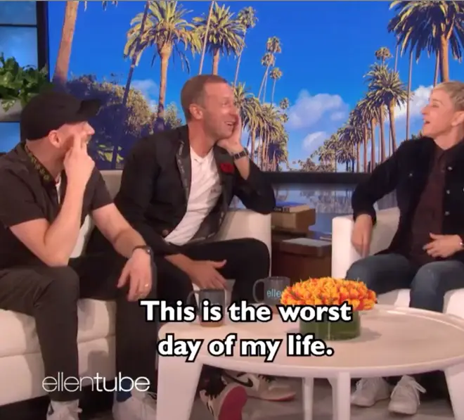 Chris Martin's reaction after Ellen DeGeneres surprised him with the old video