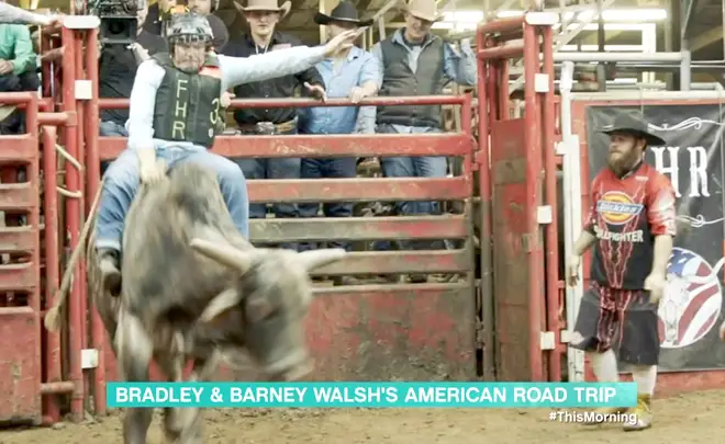 Bradley Walsh riding the bull he later fell from