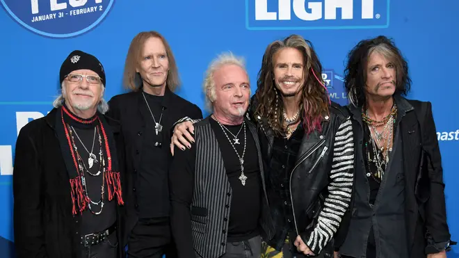 Aerosmith (with drummer Joey Kramer in the middle)