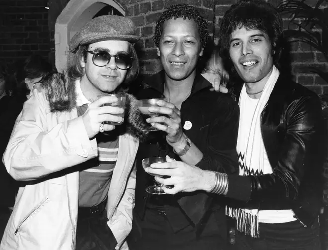 Freddie Mercury pictured on a night out with Elton John in 1977