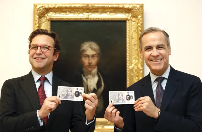 Director of Tate Britain Alex Farquharson and Governor of The Bank of England Mark Carney display the new £20 pound note in front of a self portrait of JMW Turner