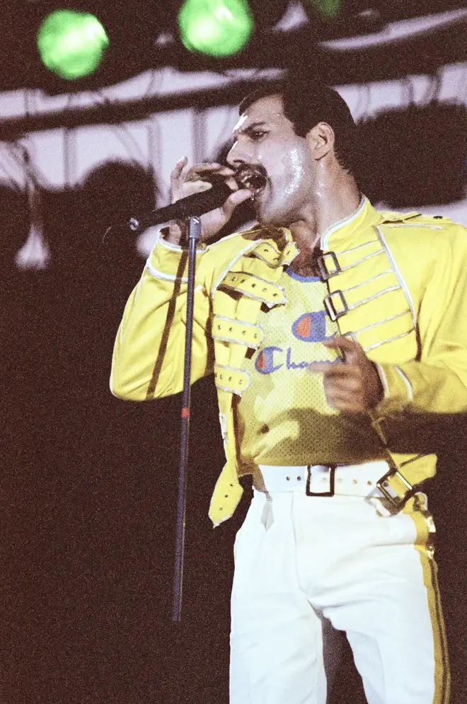 Freddie Mercury performing live on stage at Knebworth on August 9, 1991