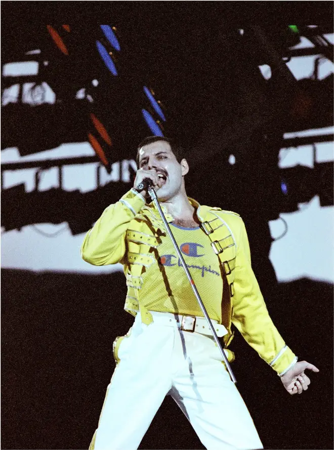Freddie Mercury performing minutes after the backstage video was shot, live on stage at Knebworth Park