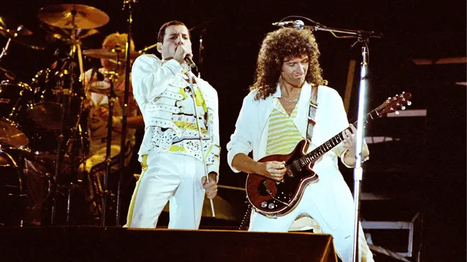 Freddie Mercury and Brian May on stage together at the singer's last ever concert with Queen