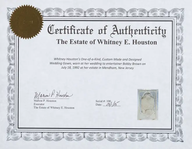 The certificate of authenticity for Whitney Houston's wedding dress