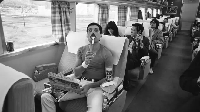 Freddie Mercury of Queen on the Osaka Station platform leaving for Nagoya during the Hot Space Japan tour, Nishinomiya, Japan, 25 October 1982.