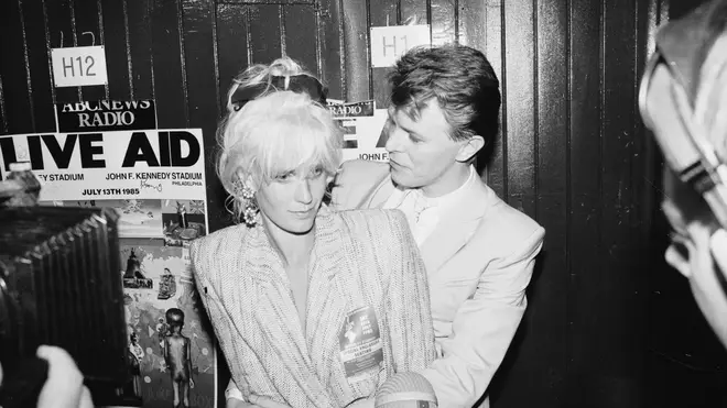 David Bowie and Paula Yates at the Live Aid concert at Wembley Stadium, London, 13th July 1985.