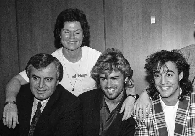George Michael pictured with (l to r) his father Jack Michael, his mother Lesley Michael and Andrew Ridgeley in 1985