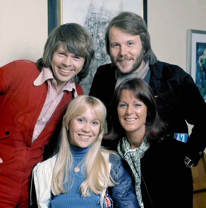 ABBA pose for a group portrait in Stockholm, April 1976