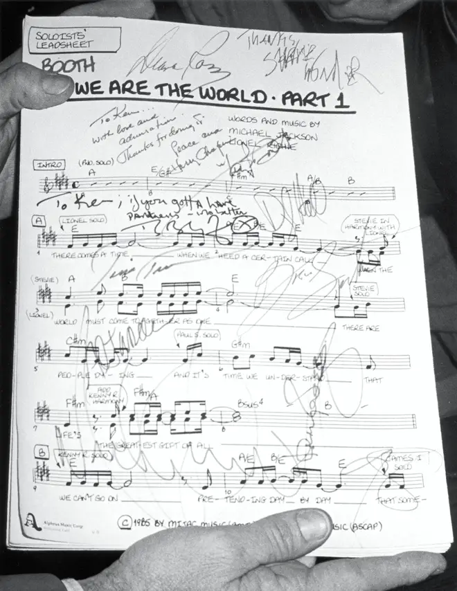 The original lyric sheet for 'We Are The World'