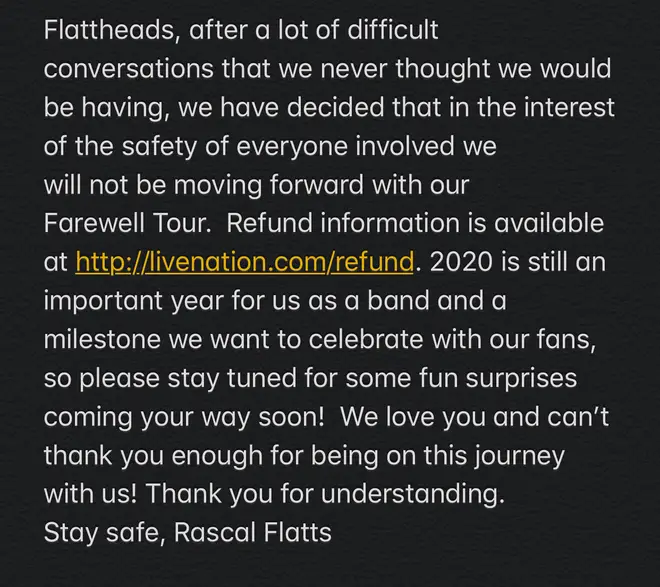 Rascal Flatts issued a statement to cancel their Life Is A Highway farewell tour