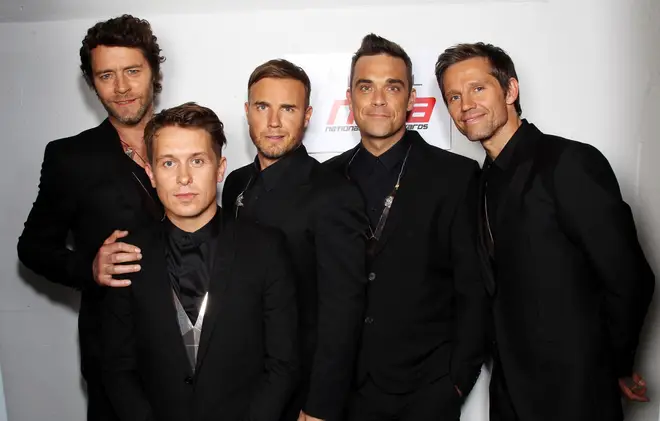 L-R Howard Donald, Mark Owen, Gary Barlow, Robbie Williams and Jason Orange of Take That in 2011