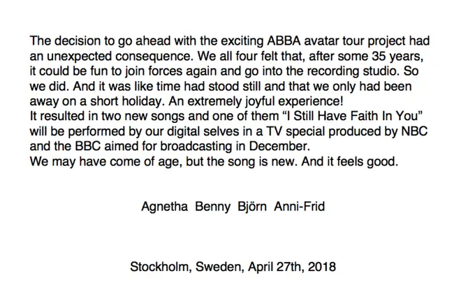 The 2018 ABBA press release