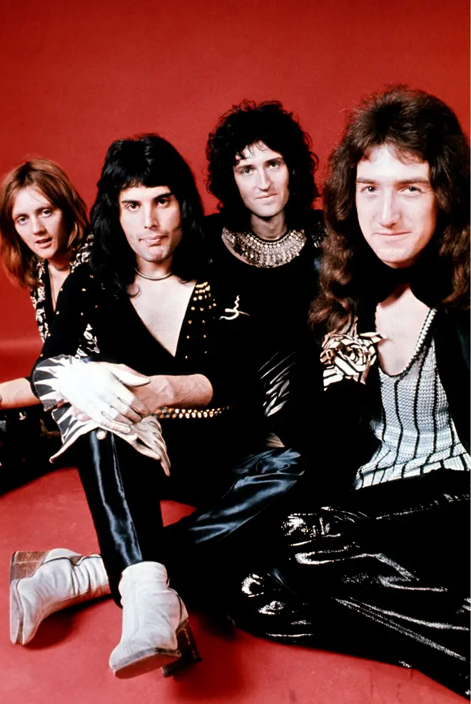 (left to right) Drummer Roger Taylor, singer Freddie Mercury (1946 - 1991), guitarist Brian May and bassist John Deacon of British rock band Queen pose in London in 1973.