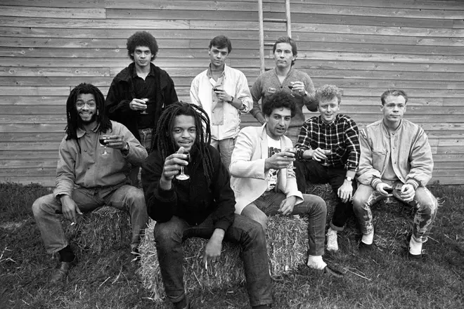 UB40 in 1983 - Standing from left: Mickey Virtue, James Brown, Robin Campbell. Sitting from left: Earl Falconer, Astro, Norman Hassan, Brian Travers and Ali Campbell