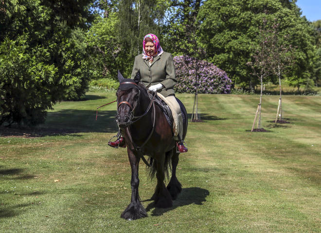 The Queen is pictured outside for first the time since lockdown as the 94-year-old enjoys a pony ride