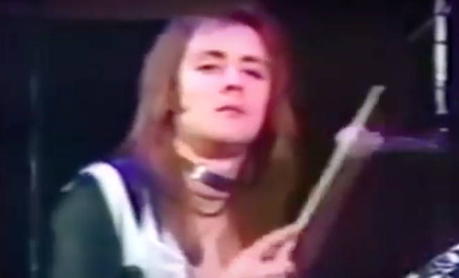 A young Roger Taylor plays the drums during Queen's debut performance on Top Of The Pops in 1974