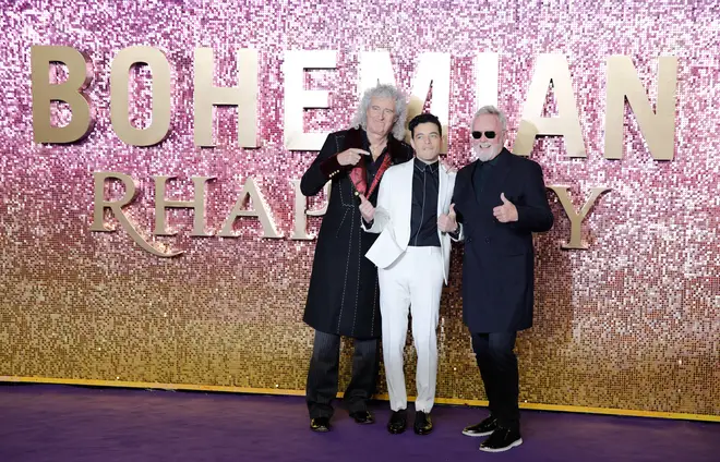 Queen's Brian May and Roger Taylor with Rami Malek at the London premiere of Bohemian Rhapsody