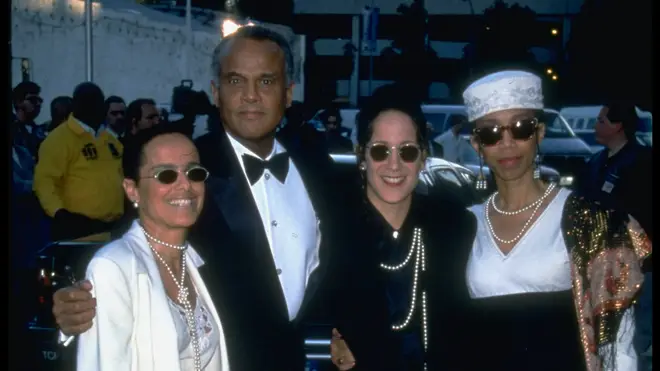 Harry Belafonte with daughters Shari and Gina, with Malcolm X's daughter Attilah Shabazz (right)