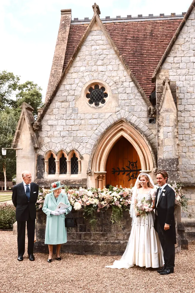 Princess Beatrice and Edoardo Mapelli Mozzi outside The Royal Chapel of All Saints at Royal Lodge, Windsor after their wedding with Queen Elizabeth II and the Duke of Edinburgh