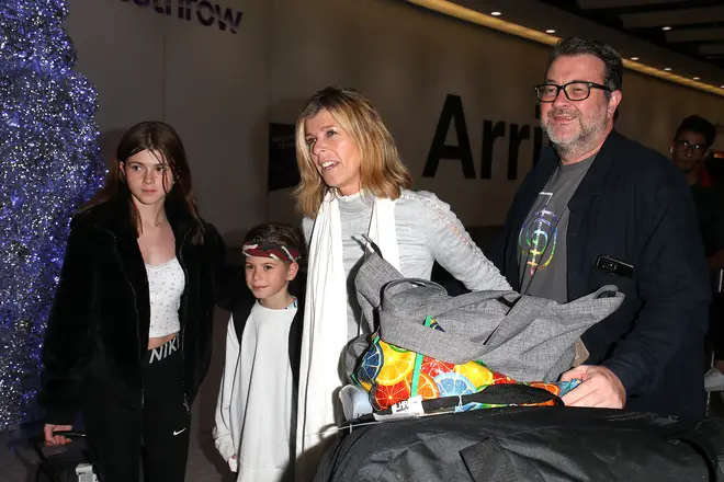Kate Garraway with her husband Derek Draper, and children Darcey Draper and William Draper arrive at Heathrow Airport after returning from 'I'm A Celebrity... Get Me Out Of Here!' on December 11, 2019 in London