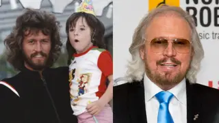 Stephen Gibb pictured with his father Barry Gibb when he was a child. Right, Barry Gibb