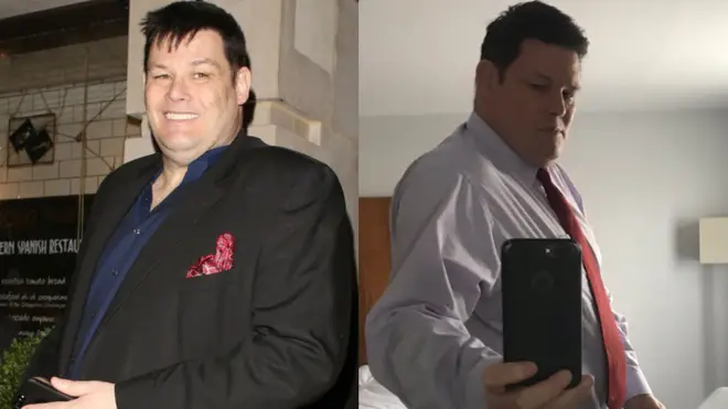 Mark Labbett showed of his weight loss to his Twitter followers (right). Pictured in 2017, left.