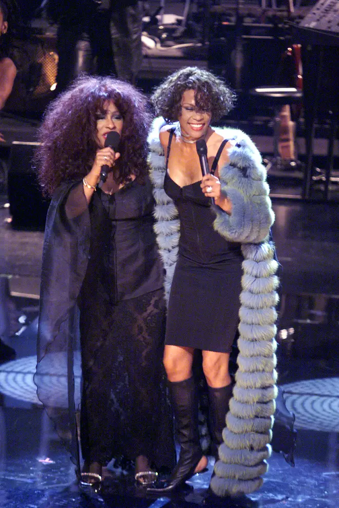 Chaka Khan (left), and Whitney Houston perform during the finale of the VH1 DIVAS LIVE '99 at the Beacon Theatre in New York on Tuesday, April 13.