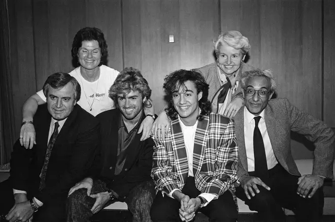 George Michael pictured with his parents, left to right, Greek-Cypriot Jack Michael and Jewish Lesley Michael and Andrew Ridgeley pictured with his parents, left to right, Andrew Ridgeley, Jenny Ridgeley and Albert Ridgeley. 30th March 1985.