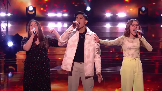 Left to right: Gracie, Jarren and Daria blew away the audience and judges of The Voice Kids with their performance of Freddie Mercury's 1987 song, 'Barcelona'.