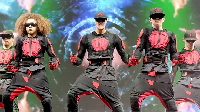 Ashley Banjo and Perri Luc Kiely of dance troupe Diversity perform at MEN Arena on April 9, 2012 in Manchester, England.