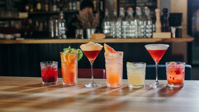 Selection of cocktails on a bar counter