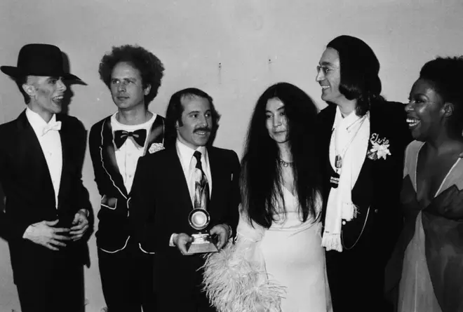 John Lennon and David Bowie, alongside other music stars, at the 1975 Grammy Awards