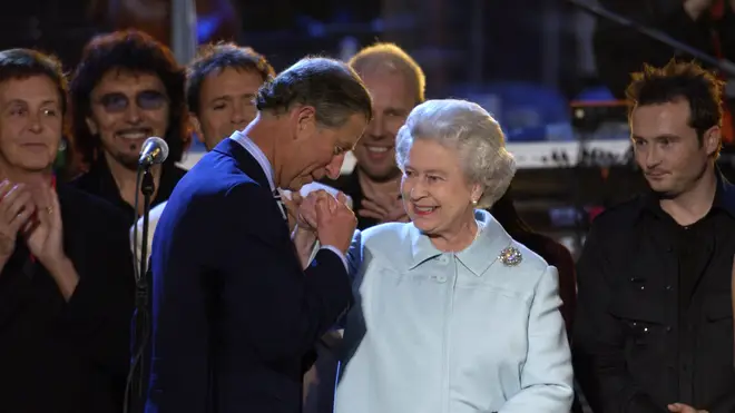 Prince Charles joined the musicians on stage to pay tribute to his "Mummy" and give her a kiss on the hand. Pictured, The Queen and Prince Charles, June 2, 2002