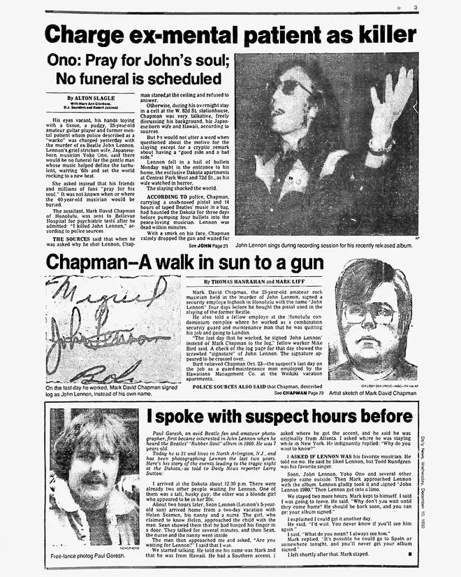 Daily News page 3 dated Dec. 10, 1980, John Lennon and Mark
