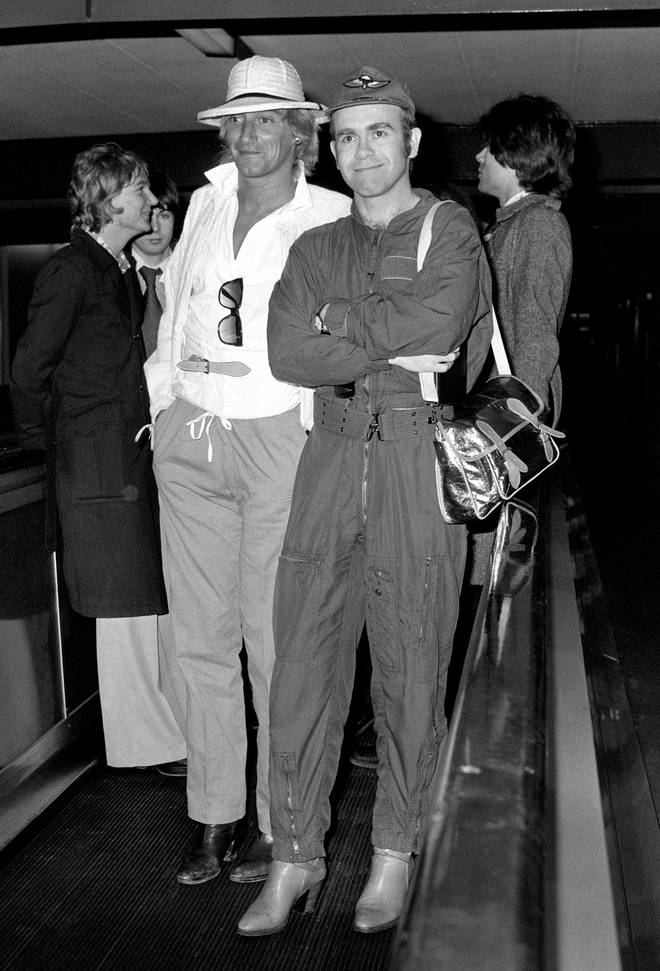Sir Rod Stewart and Sir Elton John at London's Heathrow Airport in 1978 after holidaying in Rio de Janeiro together