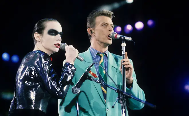 David Bowie and Annie Lennox sing 'Under Pressure' on stage together at Freddie Mercury tribute concert
