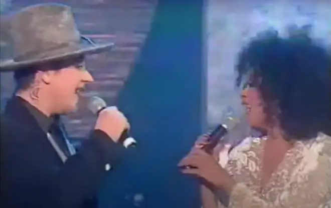 Inviting 'Georgie' on stage, the star launches into 'Upside Down' as a clearly delighted Boy George looks on, surprising her as he joins in with a word perfect rendition of the song.