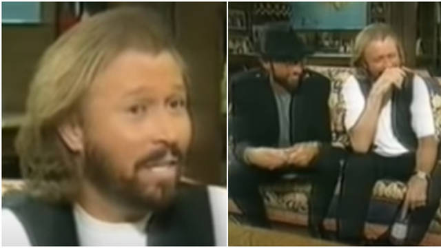 Bee Gees Maurice, Robin and Barry Gibb were being interviewed for NBC when eldest brother Barry got his forefinger stuck in the water bottle he had been absently playing with throughout the segment.