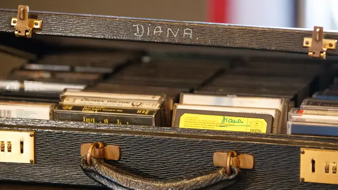 A case of cassette tapes that belonged to Britain's Diana, Princess of Wales, containing albums by singers Diana Ross, Elton John and George Michael