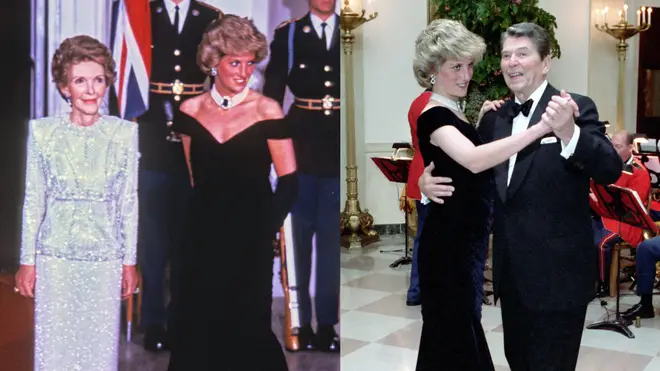 Princess Diana danced with Ronald Reagan at the November 9, 1985 gala dinner. Pictured (left) with Nancy Reagan and (right) dancing with President Reagan.