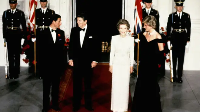 "Nancy and [Ronald] Reagan set up the press to take a picture of her dancing with John Travolta," Paul Burrell later revealed. Pictured, Diana and Charles arriving at the 1985 gala dinner, accompanied by the Reagans.