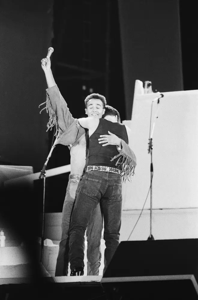 George Michael and Andrew Ridgeley embraced at the end of The Final concert at Wembley on June 28, 1986