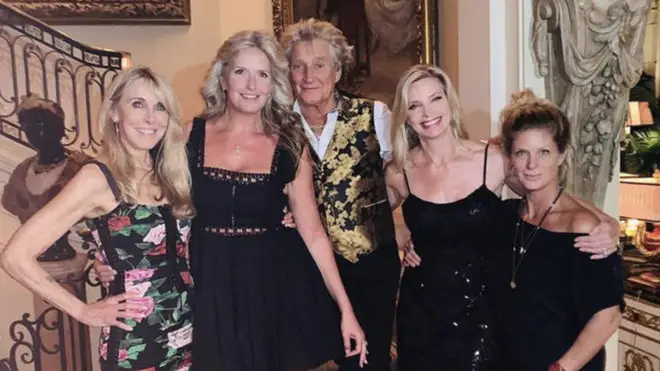 Pictured (left the right, below) Alana Stewart, current wife Penny Lancaster, Rod Stewart, Kelly Emberg and Rachel Hunter at Kimberly Stewart's 40th birthday.