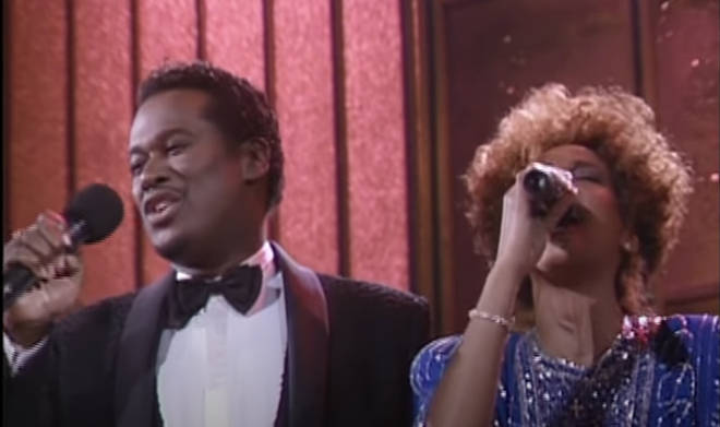 Whitney Houston and Luther Vandross singing together at the Soul Train Music Awards