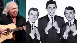 'Butterfly' is the latest song to be released ahead of Sir Barry Gibb's new country album Greenfields: The Gibb Brothers Songbook, Vol. 1 on January 8, 2021. Pictured left, Barry Gibb, right, The Bee Gees in 1964.