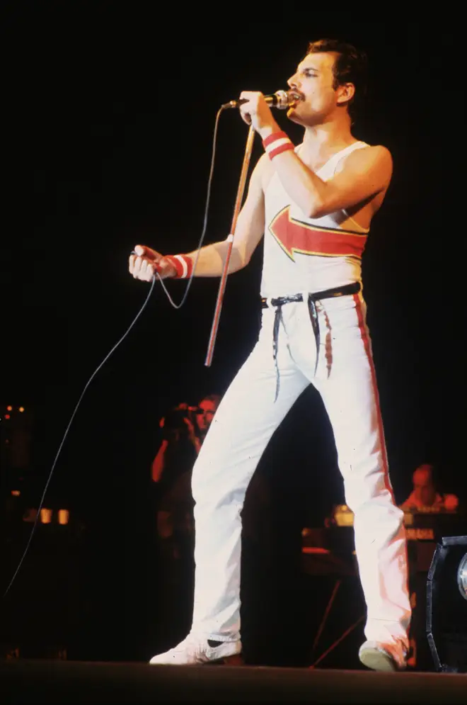 "We&squot;ve come up with something in the dressing room, we&squot;ve never ever done it before," Freddie can be heard saying to the excited crowd on the audio. (Pictured in 1982)