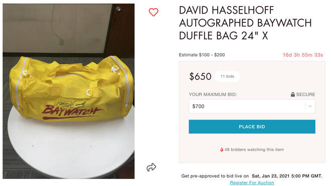 One of the star auction lots is a Baywatch duffle bag with eleven bids (pictured).
