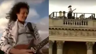 The Guitarist performed the lonely solo high above the city and was accompanied by the orchestra far below him in the Palace gardens, whilst being projected live to millions of people across the world.